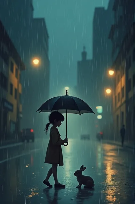 A girl walking alone in the rain. And trying to give shelter to a bunny with her umbrella 