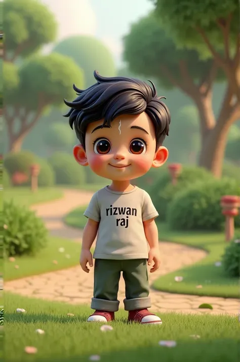 A 3D CUTE BOY WITH FAIR FACE, STANDING IN PARK , A WHITE BIRTHMARK ON HIS RIGHT SIDE OF FOREHEAD, A STYLISH TEXT "RIZWAN RAJ " WRITTEN ON HIS SHIRT