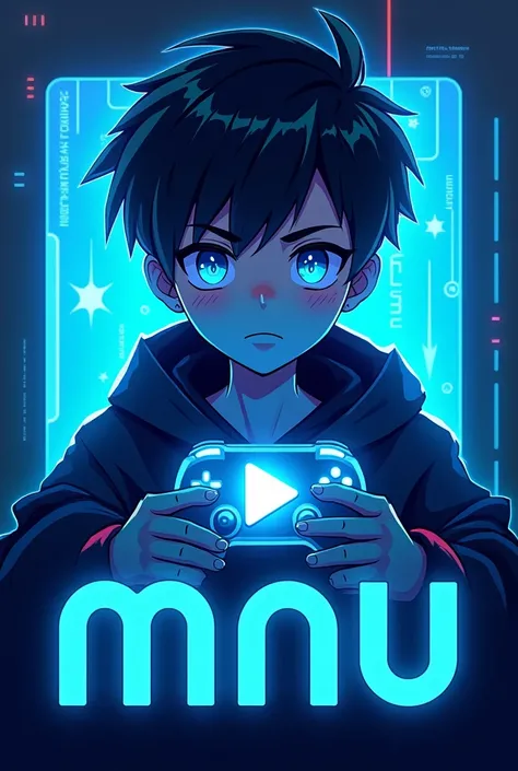 This is a freefire gaming banner that features the name "MNU" in a futuristic font and a neon blue color. and Boy Anime avtar, The banner also has a stylized controller icon and a YouTube play button in the background. The banner is designed to be attracti...