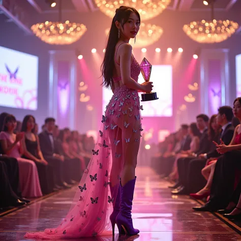 Korean woman shines on stage at TIP AWARDS, holding a trophy with a black base and a pink diamond, that reflects the lights of the huge hall decorated in shades of pink and golden details. Her dress, made of elegant and sexy butterflies, highlights your yo...