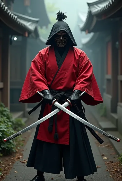 Masked samurai in red and black clothing holding 2 katanas