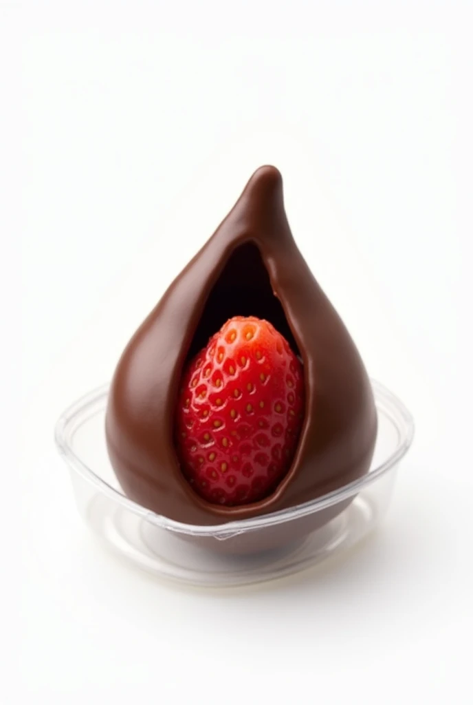 a chocolate coxinha stuffed with a strawberry, inside a transparent plastic box, white background
