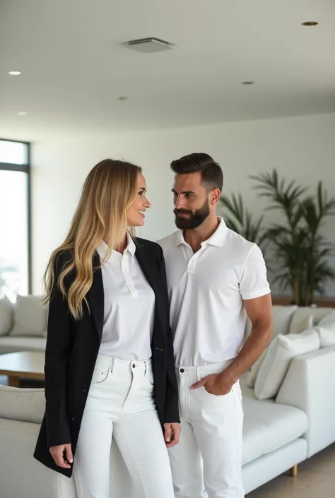 Beautiful woman long wavy blond hair with white polo shirt and black jacket elegant white jeans with tall brown man slight muscular beard with white shirt and white jeans in large modern white living room