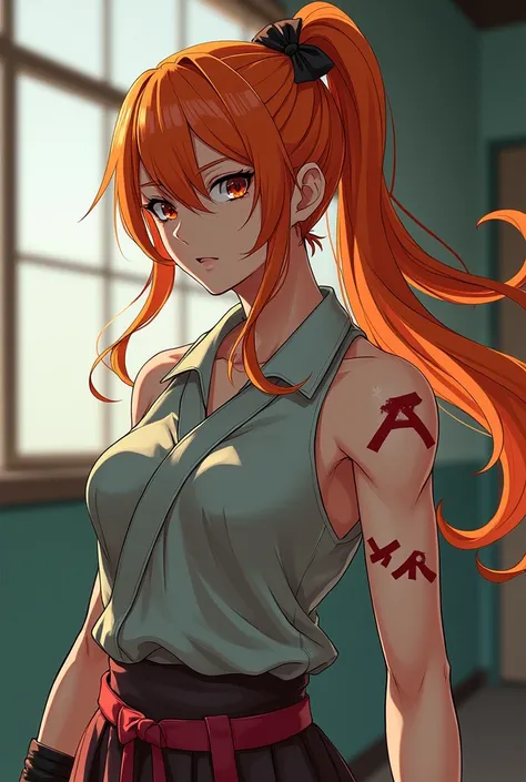 Create a female character with several knife scars all over her body, long orange hair with a unique hairstyle, a muscular Japanese school uniform and defined, muscular muscles.. With anime style