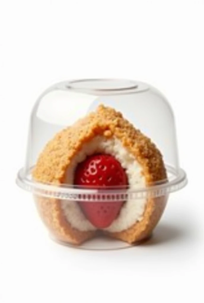 a brigadeiro coxinha stuffed with a strawberry, inside a transparent plastic box, white background, realistic
