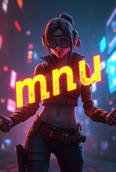 This is a freefire gaming banner that features the name "MNU" in a futuristic font and a neon yellow  color. and freefire character , The banner also has a stylized controller icon and a YouTube play button in the background. The banner is designed to be a...