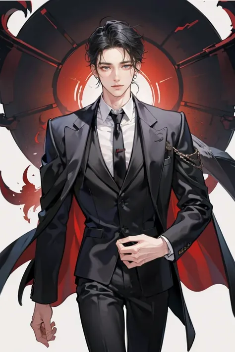 (masterpiece), best quality, seductive eyes, handsome face, mature, red pupils, messy slicked back black hair, brown skin, long nose, black coat, business suit, black necktie, full body, extremely tall man, anime cover, 1boy, ear piercings, adult-like look...