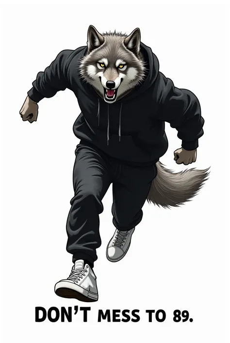 A wolf sticker, wearing black hoodie and black trousers, white shows, running, "they dont know me son" written below in bold way, white background 