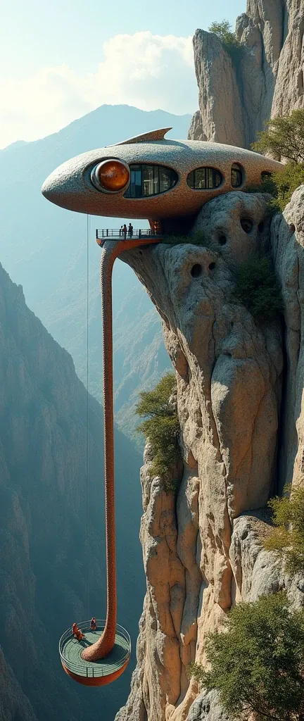 A chameleon-shaped building，Climbing on the cliff，Exterior Chameleon Skin，Chameleon sticking out tongue，Chameleon tongue is made of elevators，The tongue elevator goes vertically to the ground below the mountain，Three tourists sat on the tongue elevator，Man...