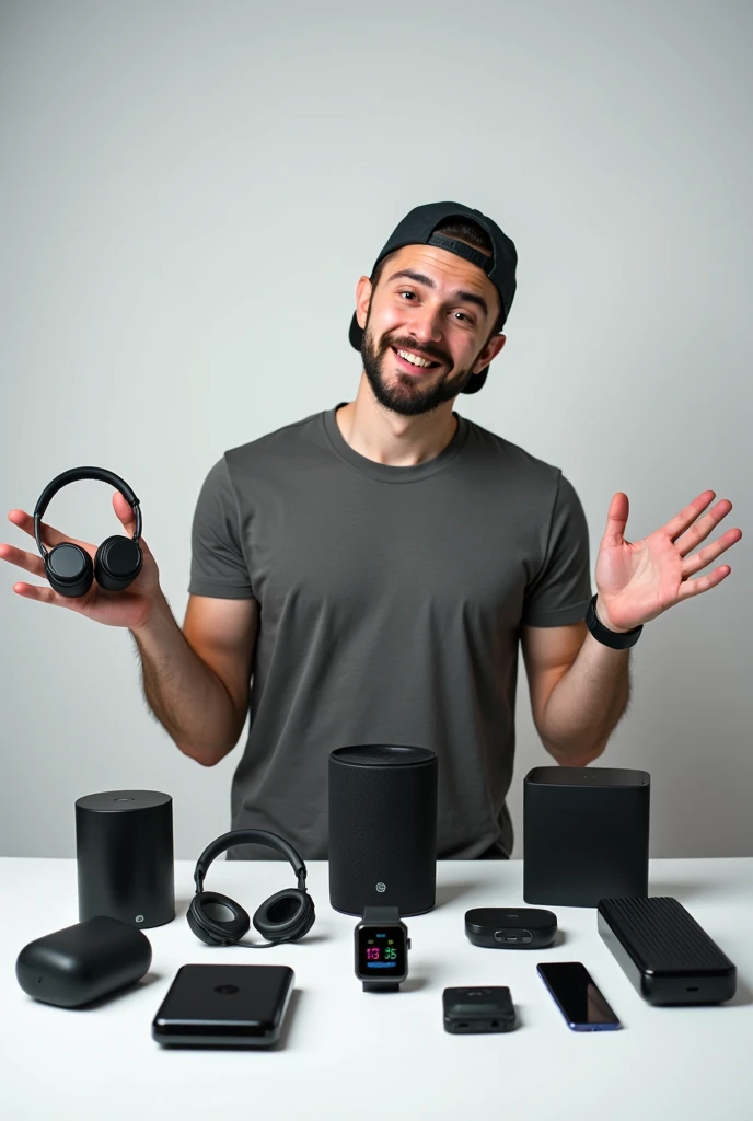 young man, with cap backwards, barba, pointing out technology accessories, wireless headphones, WATCHES, speaker, SMARTWATCH,