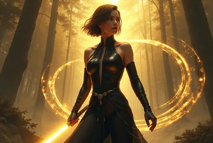 There is a person,jedi woman, short hair,bob,mistress of strength, big breasts, narrow waist, wide hips curvy figure,toned body,surrounded by wizard spells,demure black and gold suit,golden lightsaber, Futurism in a landscape like a forest proportion 2:3 n...