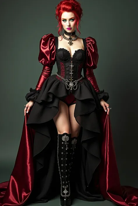 ((full body photo)), Full body shot of a woman, white platform High Heel Boots,  red hair, Updo, Gothic girl, Darkening eyeshadow, 30 years elegant woman, pale skin, Maroon Black High Neck Shiny Satin Renaissance Chinoiserie Dress with High Collar, black t...