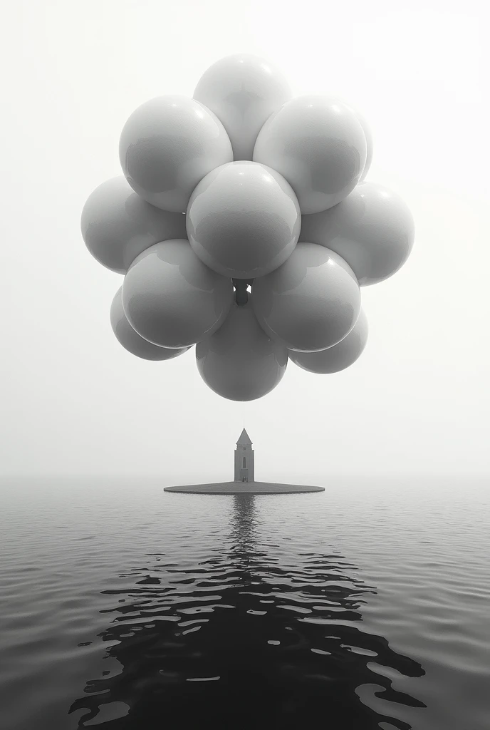 A black and white world that is in the process of being recreated, where there are no houses, just a building and a huge ocean in the background, with 10 huge balls floating in a circular shape on said ocean.