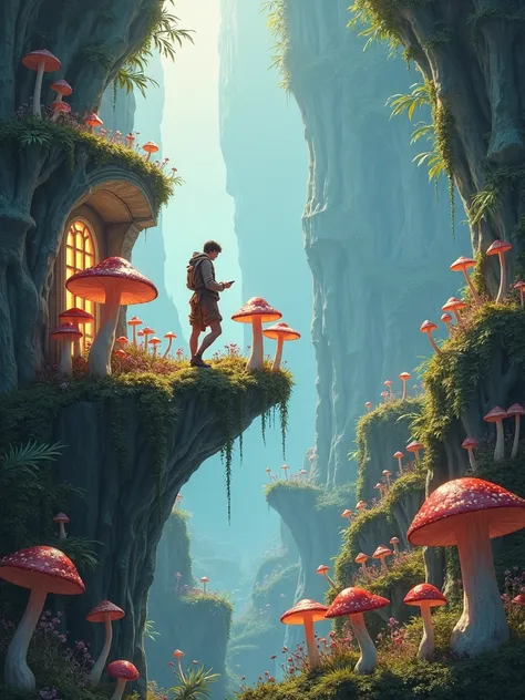 a person picking mushrooms on a psychedelic shaped crystal balcony