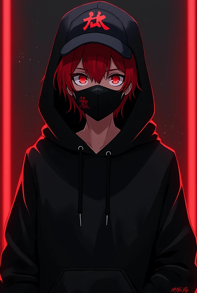 Anime boy with red eyes, red hair, Black hodie, black cap and black mask logo with red and black background