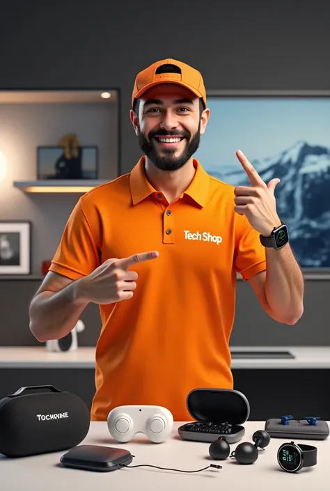 Young man in orange polo shirt with Tech shop lettering, with cap backwards, barba, pointing out technology accessories, wireless headphones, WATCHES, speaker, SMARTWATCH,