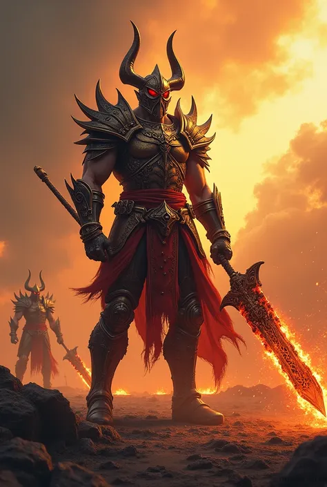 

"A powerful warrior named Vagrius stands on a dramatic battlefield with a sky ablaze. He is dressed in ancient, ornate armor with bright red and gold accents., that highlight his status as a heroic figure. His helmet has large wing-shaped protrusions.. V...