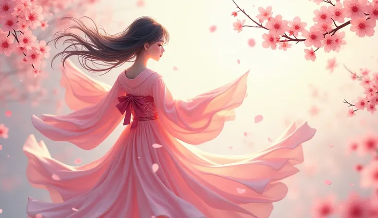 Flowing cherry blossom silk, flowing sakura silk, Cherry blossom petals surround her, Falling cherry petals, layered paper style, Fallen cherry blossom petals, layered paper, Cherry blossoms in the wind, Blurred dream illustration, Pastel petals flying, Ki...