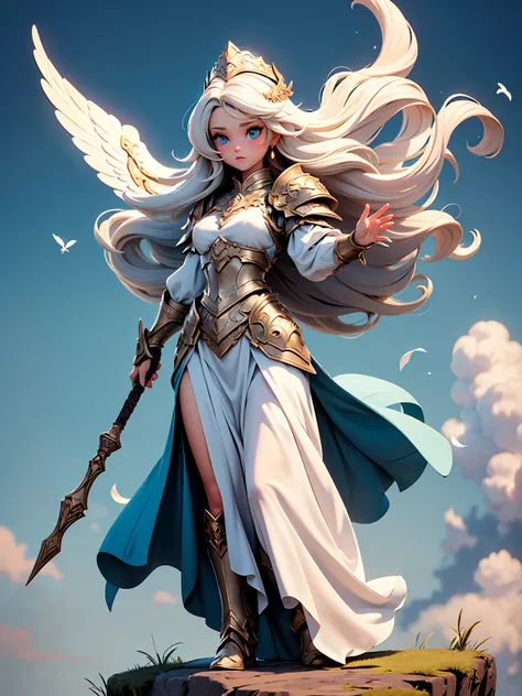 (((masterpiece, best quality, high detailed, 16k))) (1girl) A graceful and ethereal goddess with long, flowing white hair that moves as if caught in a perpetual breeze, and soft sky-blue eyes. She wears a light, airy armor that seems to be made of swirling...