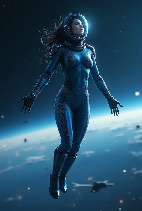 A young, athletic woman, her features a blend of determination and wonder, as she hovers effortlessly in the vast expanse of space. Her body is enshrouded in a sleek, metallic blue nanotech armor that clings to her form like a second skin, shimmering with ...