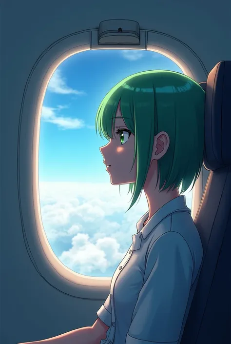 woman with short green hair, green eyes looking out the plane window, thoughtful, anime digital art