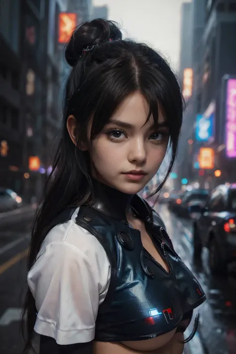 ((masterpiece, Best Quality, Best image quality, High resolution, Realistic, RAW Photo 8k))、((SF、Cyberpunk cityscape:1.2))、(European Girls)、Thin Nose、Beautiful Face, 1 female、beautiful girl、(Junior high school students:1.5)、(Bright dark blue eyes、Sharp Eye...