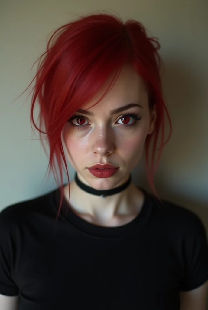 One with red hair and wearing a black t-shirt with dark red eyes
