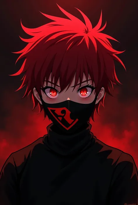 Anime boy with red eyes, red hair, Black shirt wearing full mask logo with red and black background