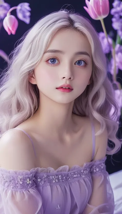 masterpiece，Dazzling colorful lights，Extremely detailed，A girl，big eyes，tulip，Extra long curly hair，White-blond hair，A fascinating adventure，Radiant Lips，Close-up of face，Off-shoulder，Dreamy and beautiful，The rich colors of the characters，Delicate brushstr...