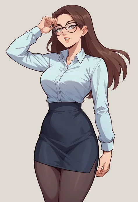 NSFW, An intelligent young woman wearing glasses, The woman is wearing a tight skirt, a collared shirt, and black pantyhose.。, drop shadow, anaglyph, stereogram, throw, atmospheric perspective, cowboy shot, 8k, super detail, best quality, highres, super de...