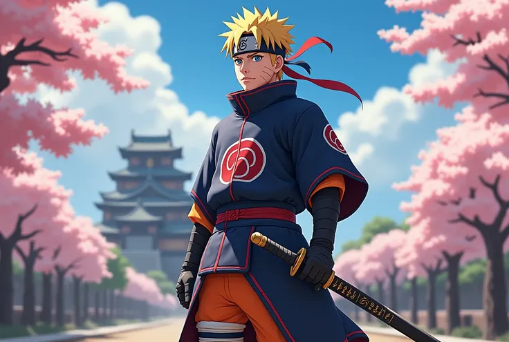 Naruto Uzumaki as a samurai instead of a ninja. He wears traditional samurai armor with blue and orange details., displaying the emblem of his clan. Su katana, decorated with runes, shines in the sunlight. In the background, a Japanese landscape with cherr...