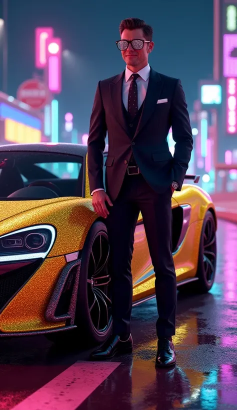 Man with fancy glasses and very elegant suit next to a golden Mclaren car with shiny diamonds, Mario Kart style racing surface at night, HD quality
