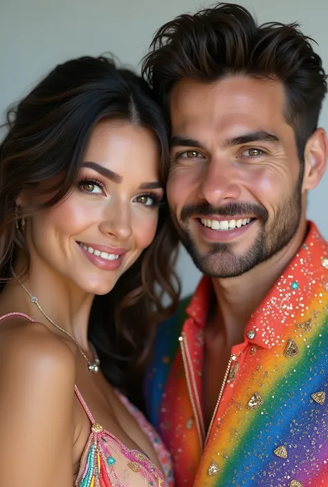 Hyper realistic beautiful fullbody, close up an beautiful realistic couple very beautiful and smile very attractive, shes wearing a sparkling chiffon rainbow sexiest dress and white big breast, hes wearing a rainbow outfit with long tails and detailed embr...