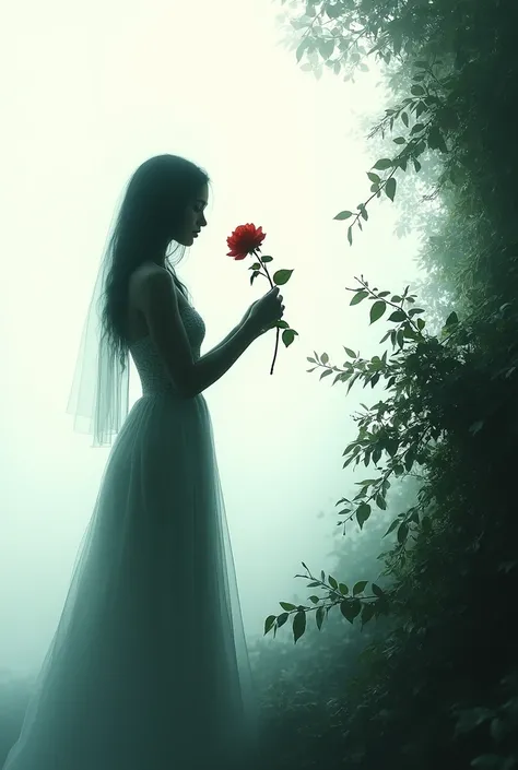 Background - (A beautiful garden at right side 
with only one rose in right side and left side white background ) A fully without mention any dress black shadow girl picking the rose in landscape 