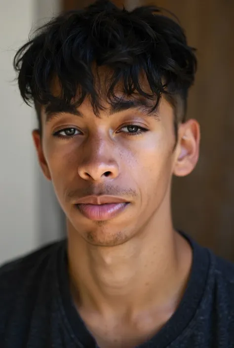 A young man with brown eyes, crew cut and black hair