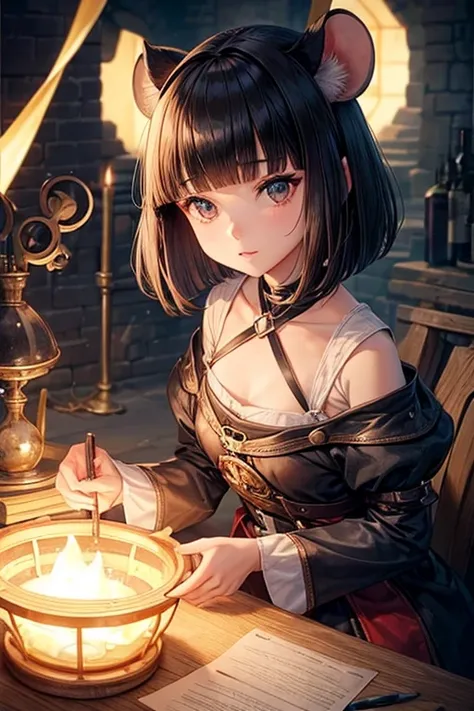 One woman、Petite women、Mouse ears、Short Hair、((Long Bangs))、(((blinding bangs)))、Medieval Brittany Alchemists、Experienced Researchers、Medieval Lab、((Best Quality))