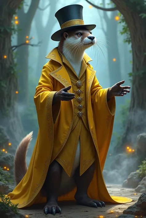 Une loutre male magicien avec un costume jaune et un chapeau haut de forme 