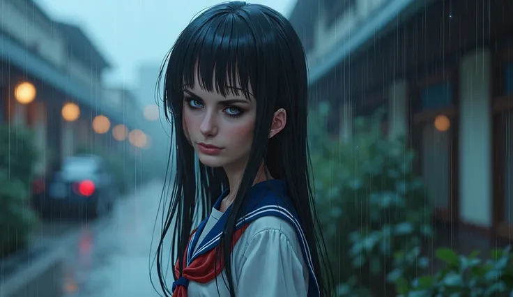 1girl, long black hair,schoolgirl uniform, shy, blush, wet, rain, transparent, (masterpiece, best quality), soft light, cinematic composition, cinematic light