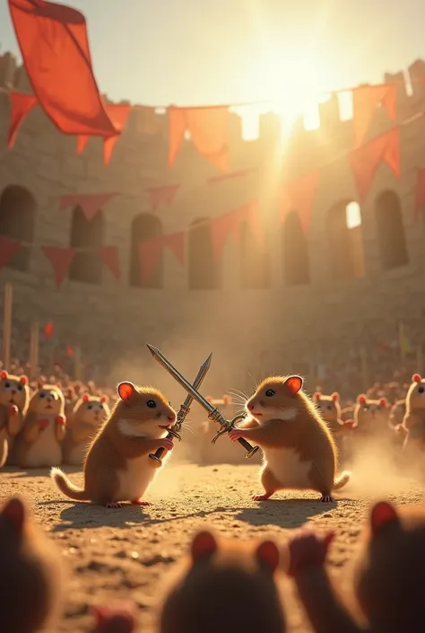 Picture an epic arena where two hamster gladiators impersonate each other in various combinations. One hamster holds a miniature sword, the other a shield and spear. Around the arena, a crowd of hamsters notice the excitement and surprise, some holding fla...