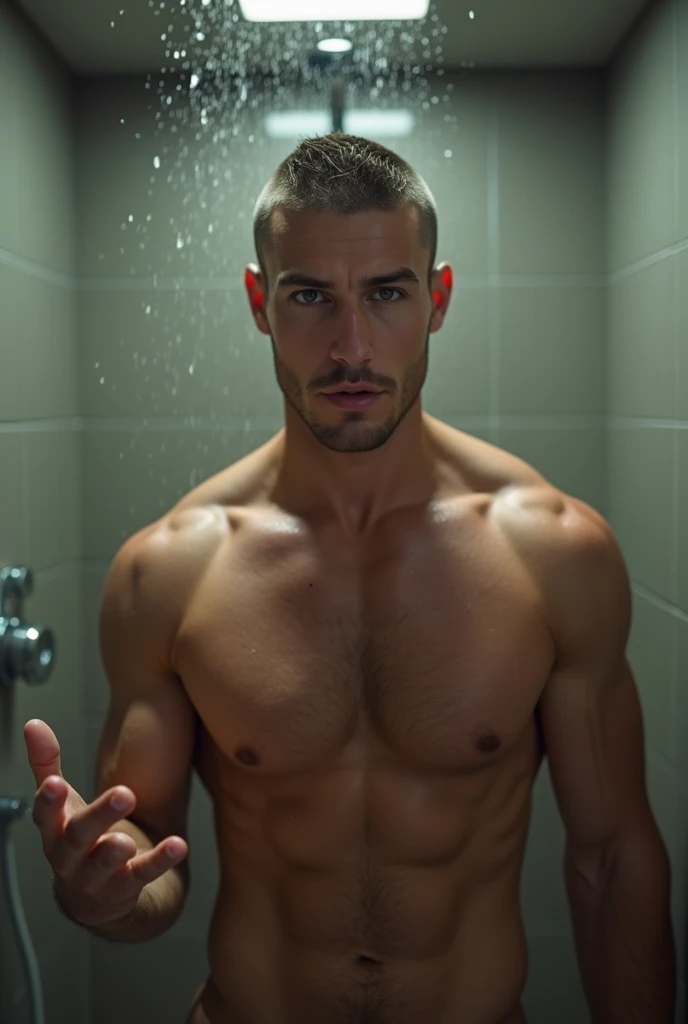 Handsome male nudist, prominent eyes, strong jaw, relaxed mouth, crew cut, hairy chest, full figure, hand motion, exposed below the waist, exposed gluteus, in the shower, wet, pose is provocative, hyperdetailed photography, front low angle shot, depth of f...