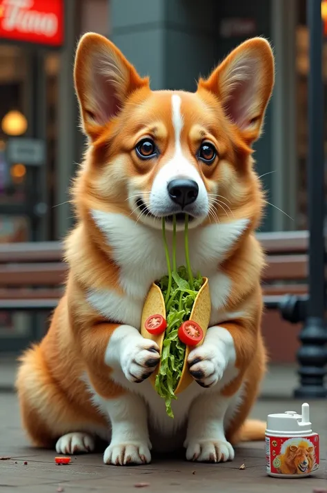 A creatively edited image of a corgi with the hairstyle and facial features of a person, sitting on a bench outside a store, holding a taco filled with lettuce and tomatoes. The corgi has large, expressive eyes and a strand of green food drooping from its ...