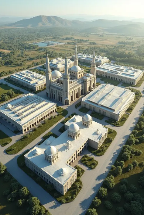 Industrial park with seven factories and a mosque in the middle make a plan view
