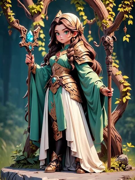 (((masterpiece, best quality, high detailed, 16k))) (1girl) A powerfully grounded goddess with long, earthy brown hair and deep green eyes. She wears an armor made of living wood, vines, and stone, with flowers blooming across her form. Her presence is as ...