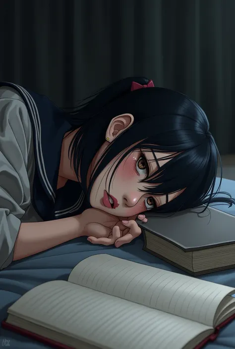 woman,Black hair,cry,Sleep next to a notebook and books,Wear a school uniform