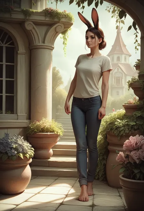 4k, realistic, carismatic, very detail, there is a girl on garden house, wearing rabbit woman , soft theme, pants, 2, full body