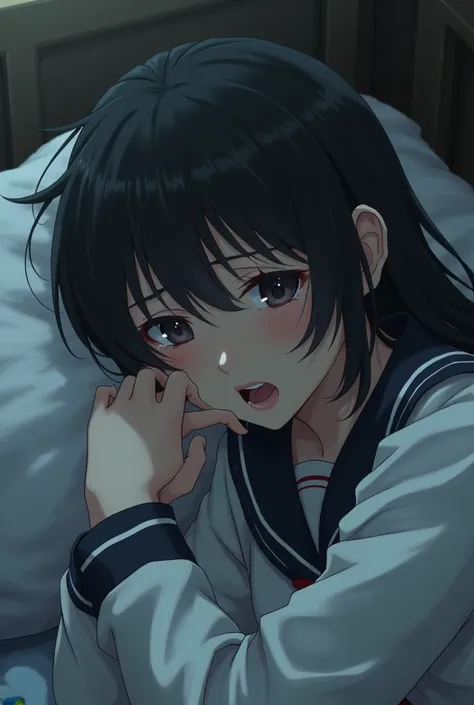 woman,Black hair,Crying in bed,Wear a school uniform