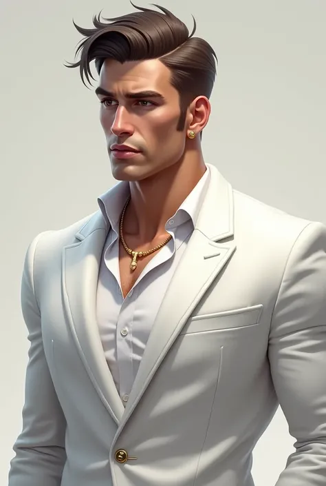 I want you to generate a white man, strong and muscular, who is wearing formal clothing such as a white blazer and a white blouse inside, I want him to look like a handsome actor, intellectual and is wearing a gold necklace