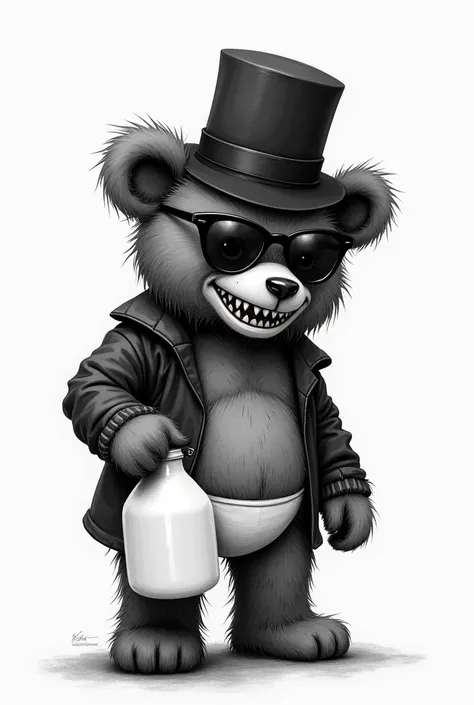 Make a evil teddy bear with a sunglasses, black hat, wet white underware and a gallon of milk in hand in a very very simple black and white drawn