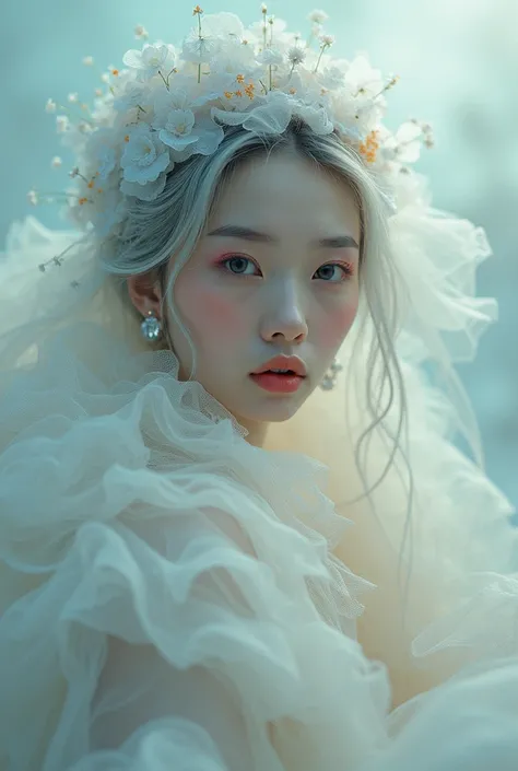 abstract style hauntingly ethereal portrait of a mysterious figure draped in translucent fabric, crystals adorning their hair, amidst a dreamlike swirl of pastel hues and soft light, evoking a sense of calm serenity and elusive beauty, high detail, award w...