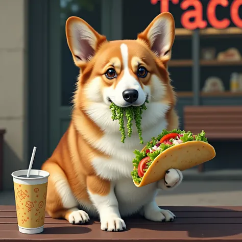 A creatively edited image of a corgi with the hairstyle and facial features of a person, sitting on a bench outside a store, holding a taco filled with lettuce and tomatoes. The corgi has large, expressive eyes and a strand of green food drooping from its ...